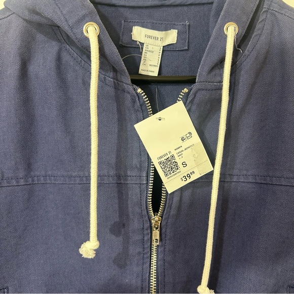 NWT FOREVER 21 CROPPED HOODED DENIM JACKET ZIPPER POCKETS DARK PURPLE SIZE SMALL - Picture 7 of 7